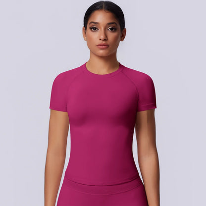 Nahtloses Funktionsshirt für Damen, pinkes Kurzarm-Shirt mit Rundhalsausschnitt