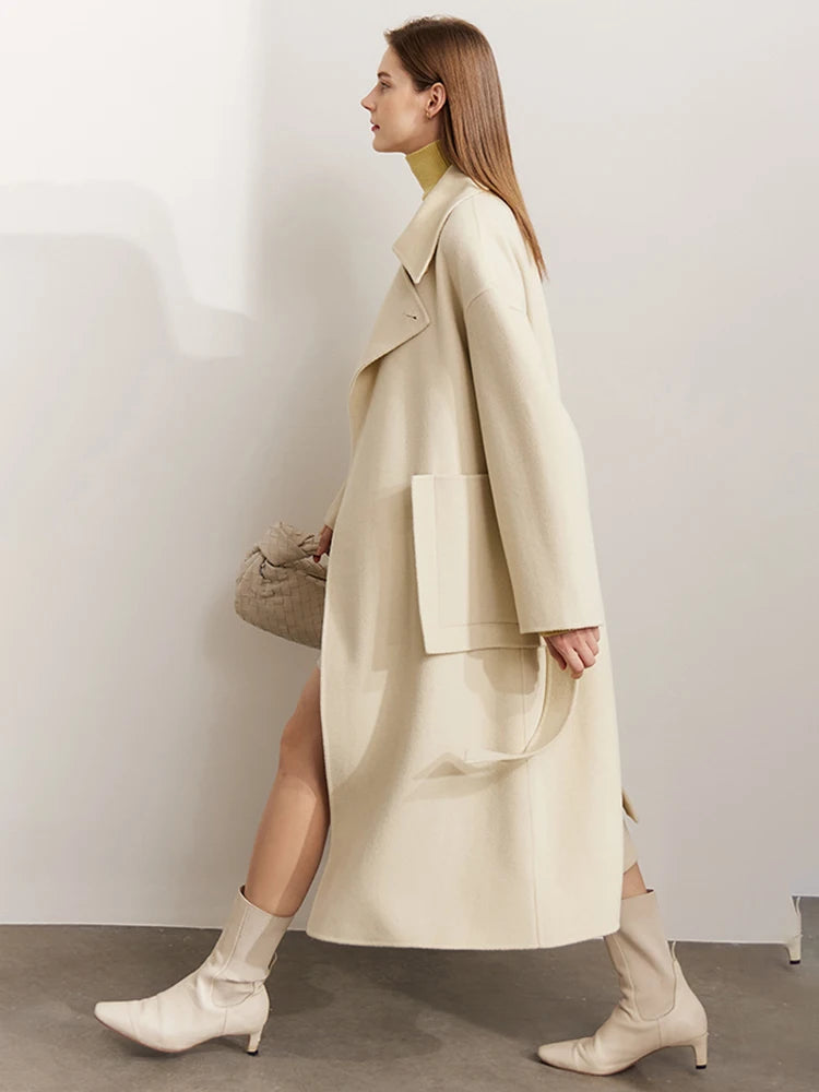 Frauen Mantel aus 100 Prozent Wolle im eleganten Koreanischen Stil mit Gürtel