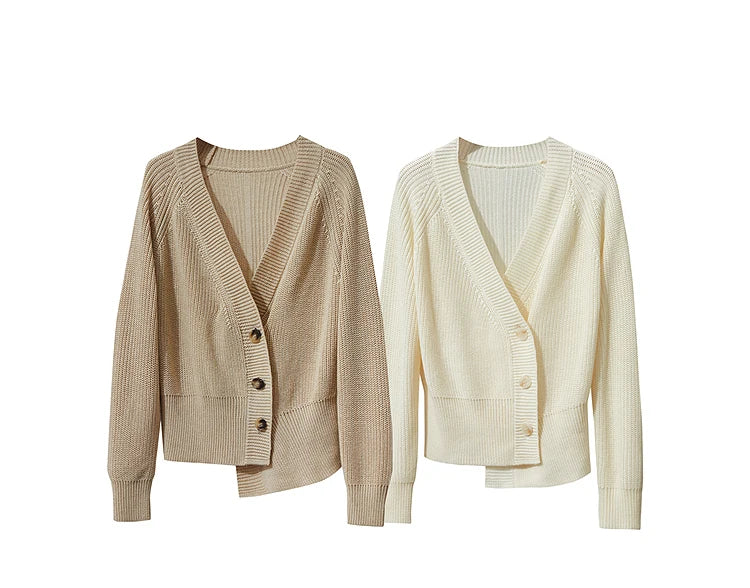 Damen-Strickjacke V-Ausschnitt Raglan asymmetrisch französisch locker Herbst