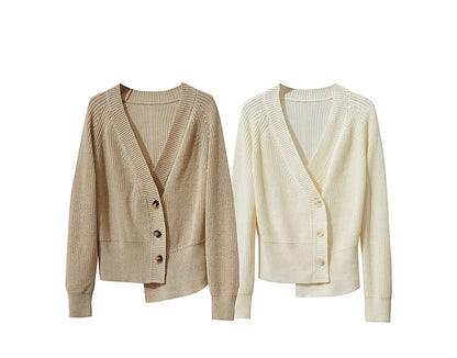Damen-Strickjacke V-Ausschnitt Raglan asymmetrisch französisch locker Herbst