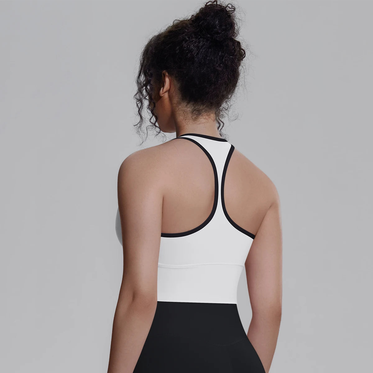 Damen Yoga-Top, ärmellos, weiß mit schwarzen Kontraststreifen am Rücken