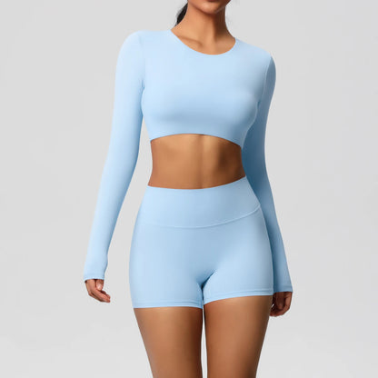Damen-Yoga-Set mit Langarm-Crop-Top und High-Waist-Shorts, hellblau