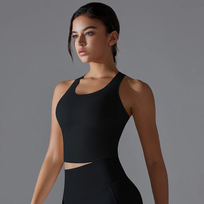 Nahtloses Yoga-Top für Damen mit Rundhalsausschnitt und breiten Trägern, schwarz