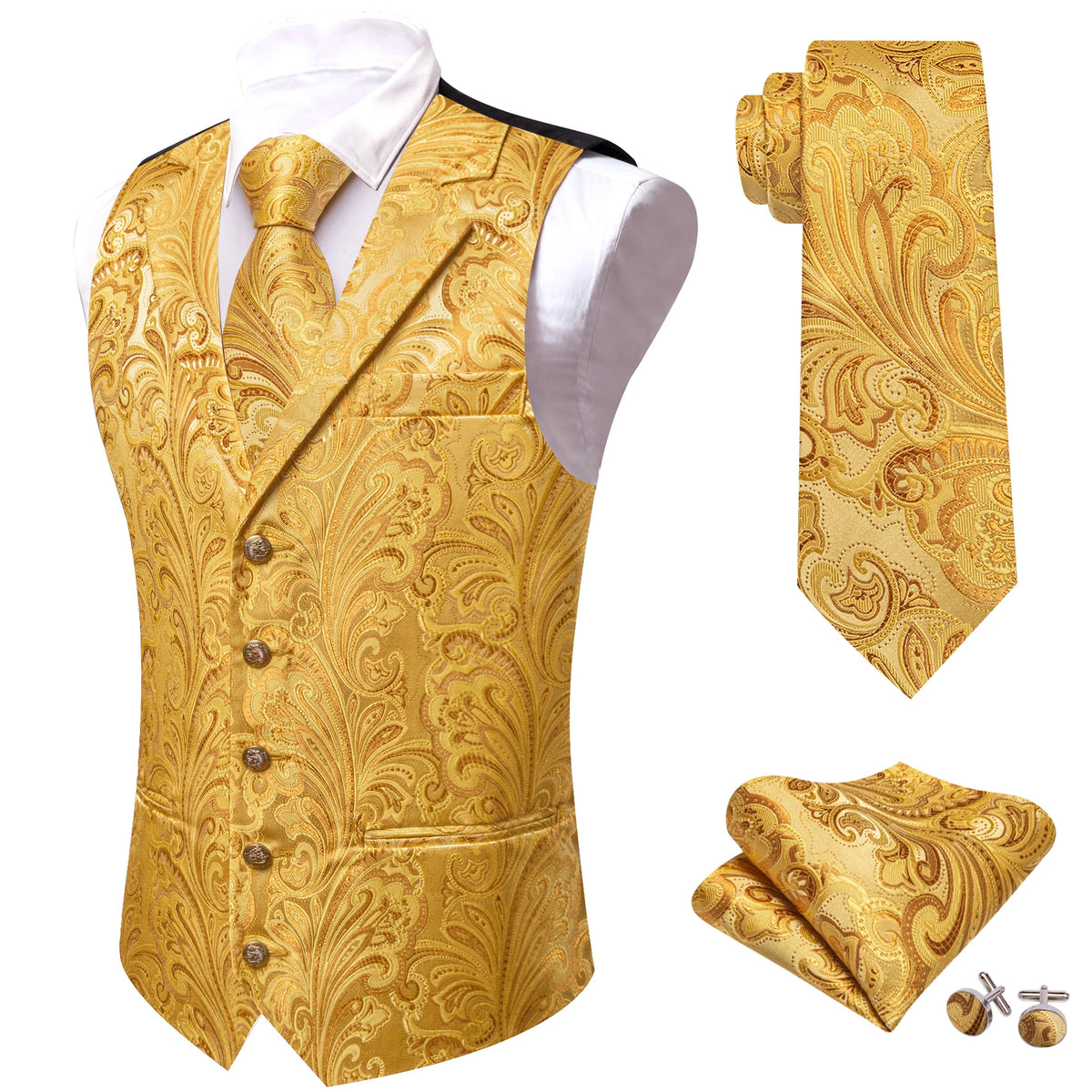 Herrenweste im Barock-Jacquardmuster in Gold, mit passender Krawatte und Einstecktuch