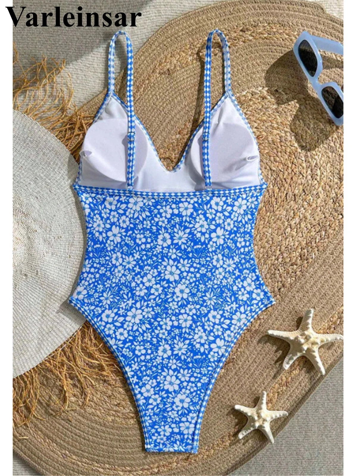 Damen Badeanzug Blumenmuster V-Ausschnitt High-Cut Monokini gepolstert Einteiler