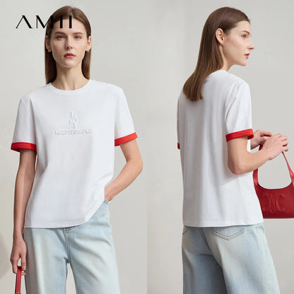 Damen Freizeit-T-Shirt mit Rundhalsausschnitt und Farbblockierung für den Sommer