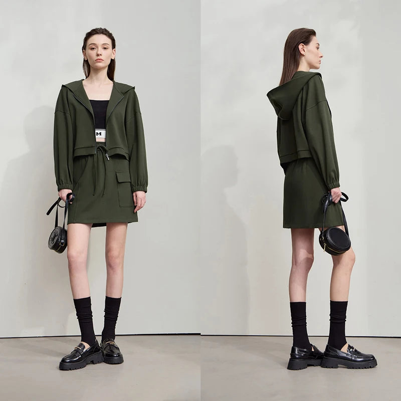 Eleganter Damen-Minirock dunkelgrün, elastischer Bund mit Kordelzug, Vorder- und Seitenansicht