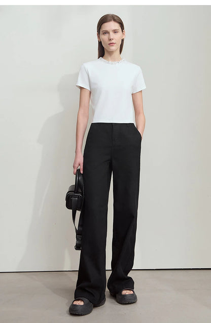 Damen Kurz-T-Shirt im minimalistischen Stil mit elastischen Perlen und Pailletten-Dekoration