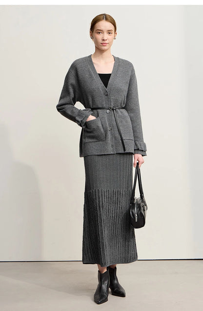 Damen-Strickjacke Wolle V-Ausschnitt Pendler einreihig locker Winter