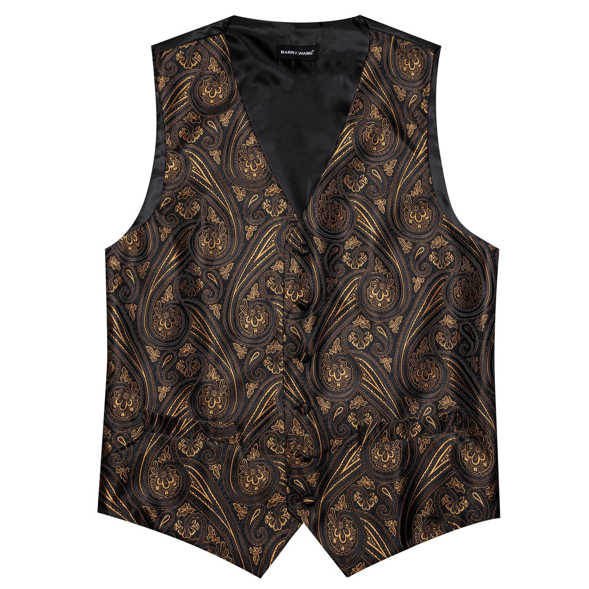 Herren-Anzugweste mit tiefem Paisley-Muster in Schwarz und Gold, V-Ausschnitt mit Knopfleiste