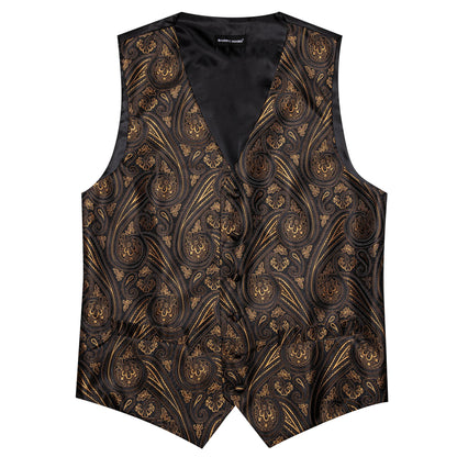 Herren-Anzugweste mit tiefem Paisley-Muster in Schwarz und Gold, V-Ausschnitt mit Knopfleiste