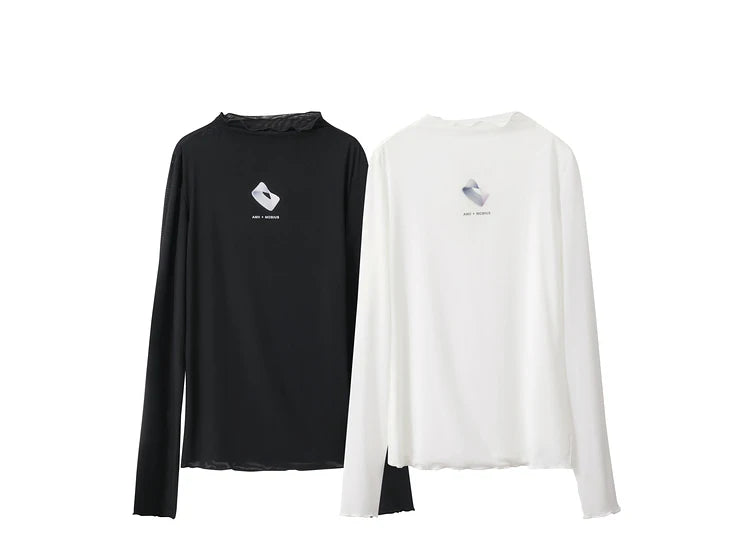 Damen T-Shirt aus gedrucktem Mesh mit slim-fit Halb Stehkragen