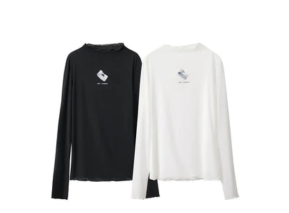 Damen T-Shirt aus gedrucktem Mesh mit slim-fit Halb Stehkragen