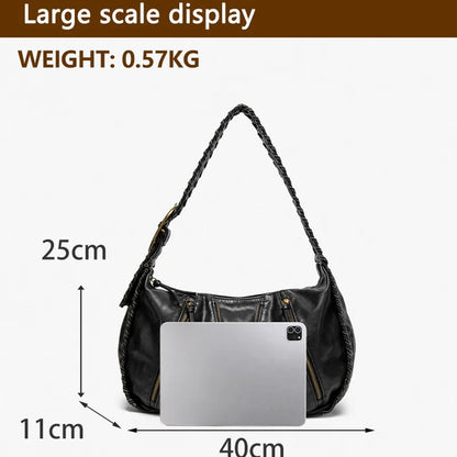 Damen-Hobo-Handtasche Vintage-Stil aus weichem Kunstleder mit geflochtenem Tragegurt und Mehrfach-Reißverschlussfächern