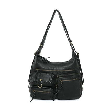Damen-Schultertasche aus PU Großes Fassungsvermögen mit Innenfächern Vintage-Look Schwarz