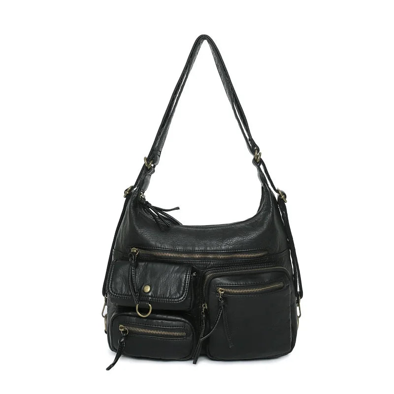 Damen-Umhängetasche Aus PU Mit Top-Griff Und Vintage-Look Schwarz Große Kapazität