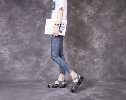 AIYUQI Sandalen Frauen Sommer 2025, Neue Echtes Leder Baotou Römischen Sandalen Damen Retro Hohl Gewebt Frauen Sandalen