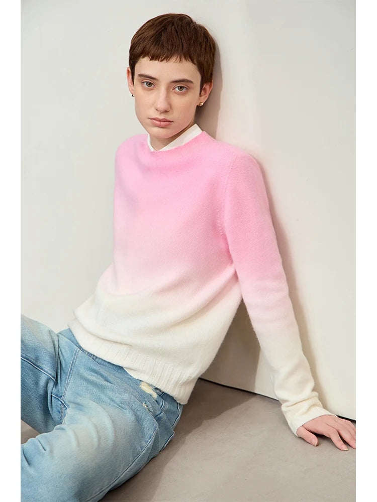 Rundhals-Pullover mit Farbverlauf, langärmlig, rosa und weißlich
