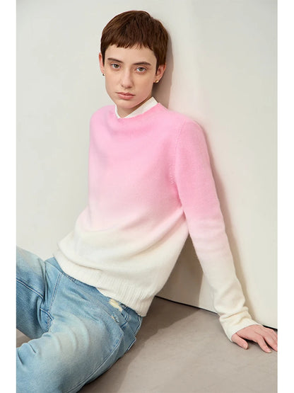 Rundhals-Pullover mit Farbverlauf, langärmlig, rosa und weißlich