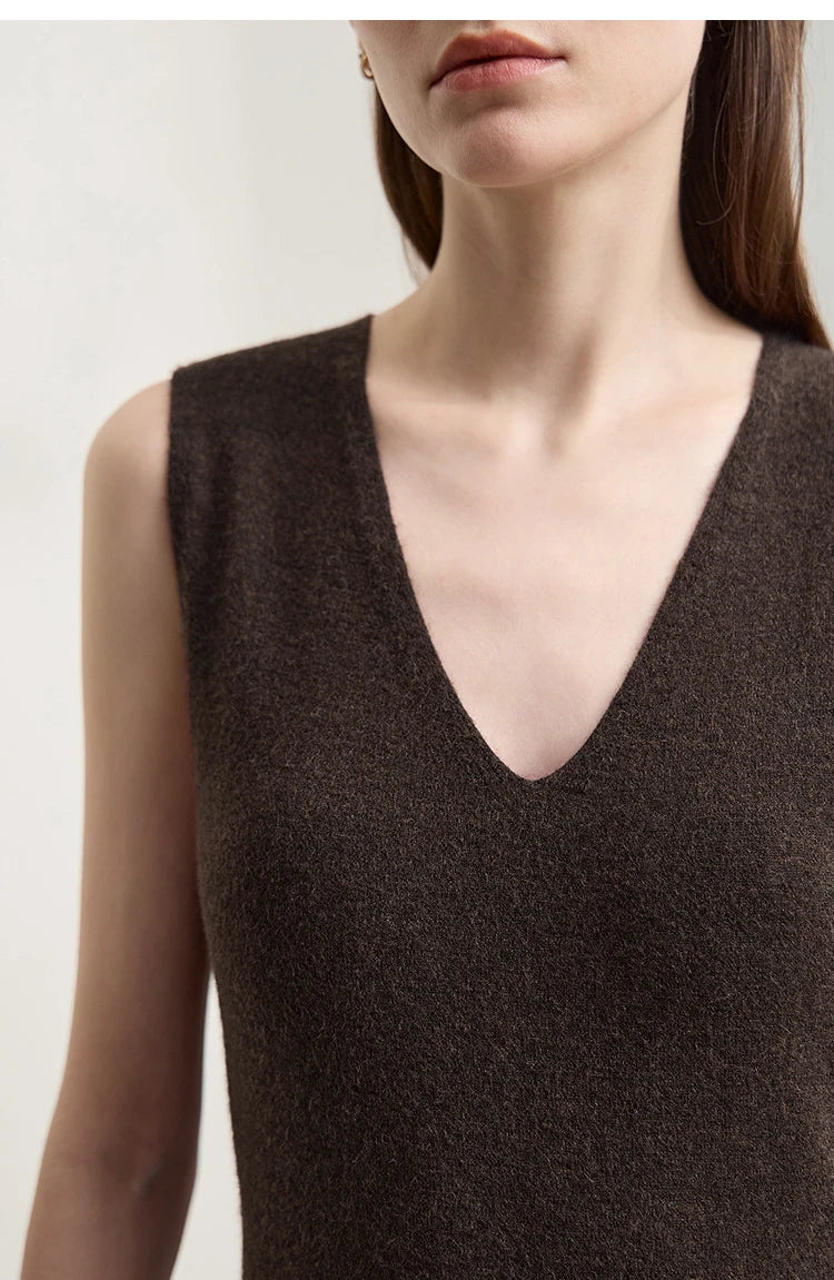 Damen V-Ausschnitt Strickkleid A-Linie ärmellos Herbst-Winter