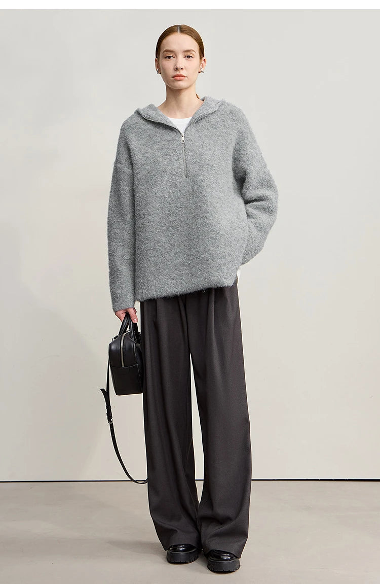 Damen-Kapuzenpullover Wolle Reißverschluss locker dick warm Winter