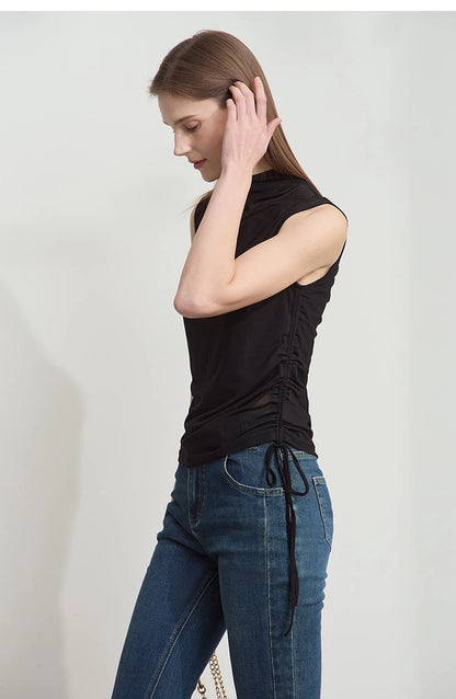 Damen T-Shirts im Sommer-Stil mit solidem ärmellosem Rollkragen für Büro