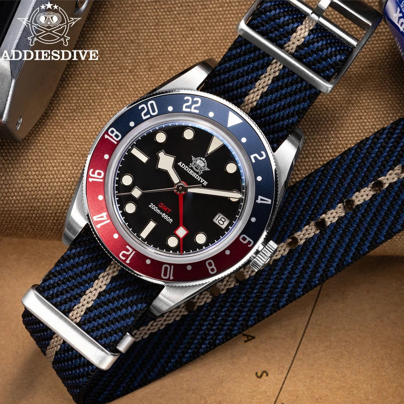ADDIESDIVE TOP Men's Watches 20Bar Diving BGW9 Super Luminous AD2044 Swiss Ronda 515-24H GMT Watch Quartz Watch