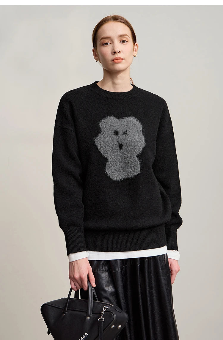 Minimalistischer Damenpullover, Rundhalsausschnitt, langarm, schwarz mit grauem Bärenmotiv