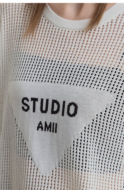 Damen-Rundhalspullover Buchstaben-Jacquard Halbarm locker Sommer