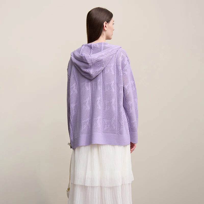 Damen-Strickjacke Kapuze Jacquard Hohlstrick Doppelreißverschluss locker Frühling