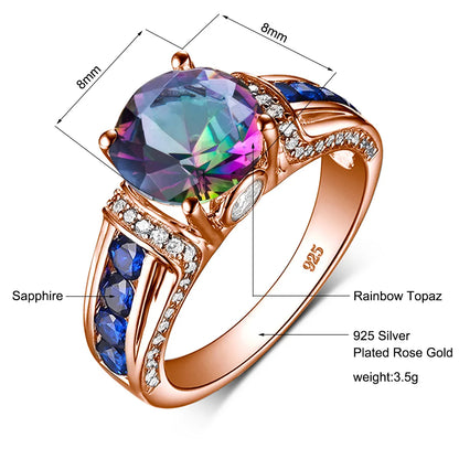Damen-Ring aus Roségold mit Mystic Topas Regenbogen 8mm Rundschliff Verlobungsring Geschenk