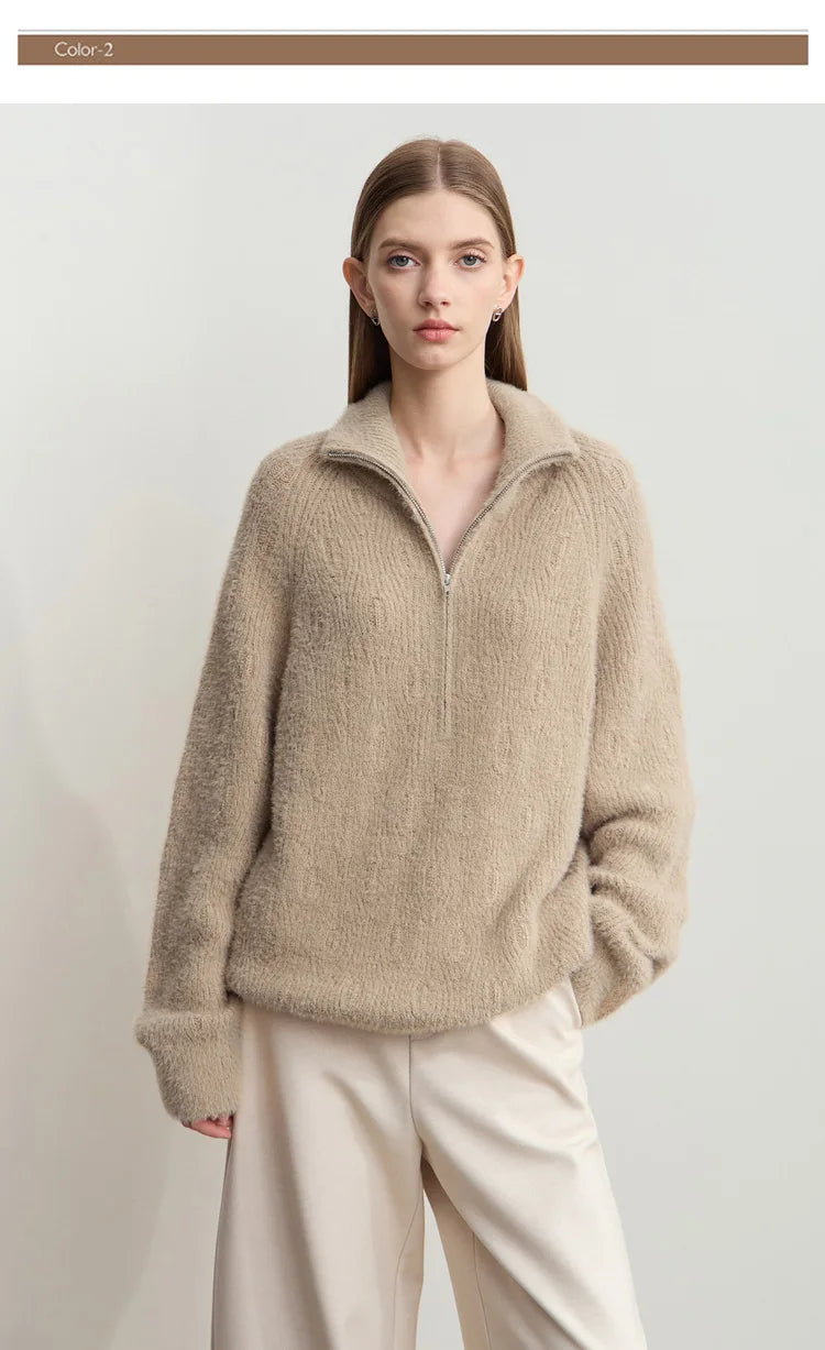 Damen-Rollkragenpullover Reißverschluss Nerz-Optik locker Winter