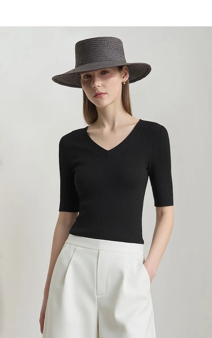 Damen V-Ausschnitt Pullover Viskose Halbarm Slim Büro Sommer