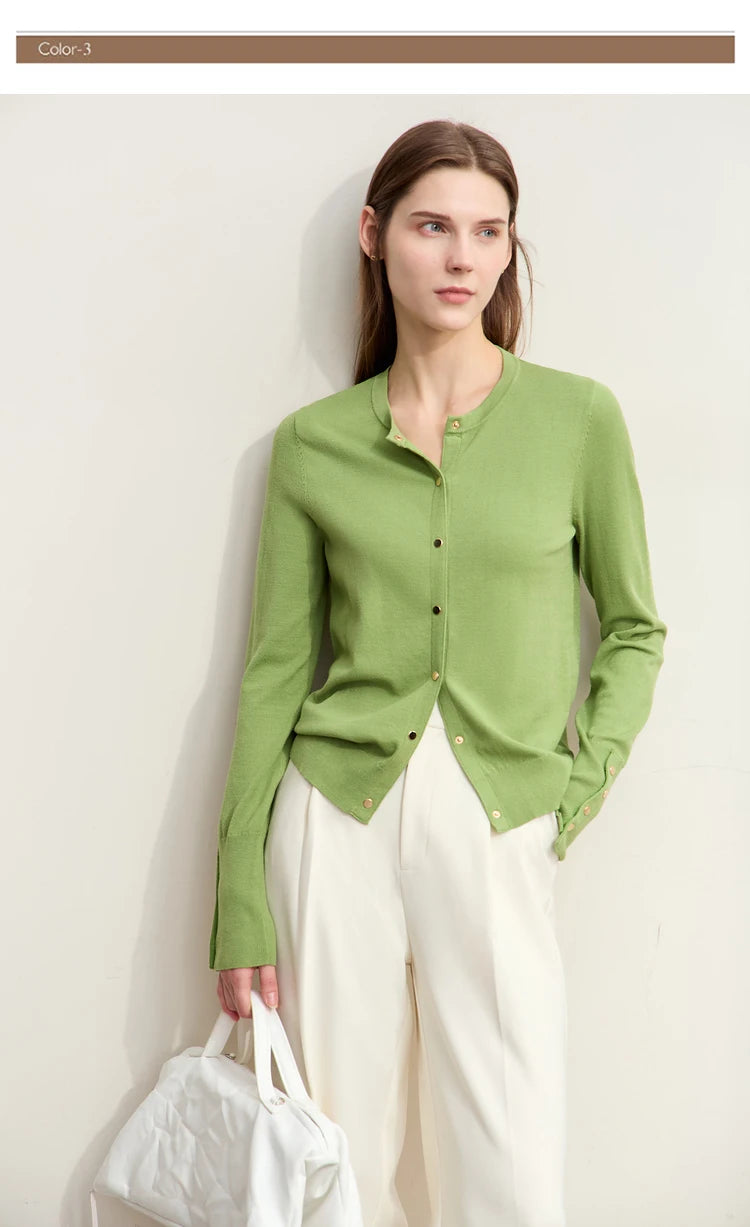 Damen-Strickjacke Rundhals Wolle Metallknopf französisch Büro Frühling