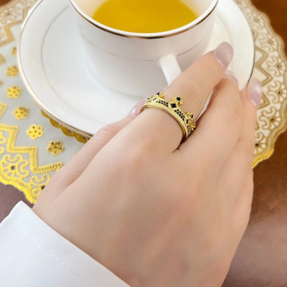 Damen-Ring königliche Krone golden viktorianisch aus Sterlingsilber