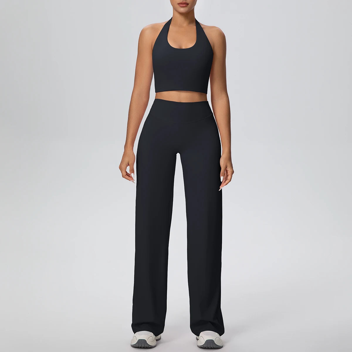 Yoga-Set mit rutschfestem Sport-BH und weiten High-Waist-Leggings, schwarz