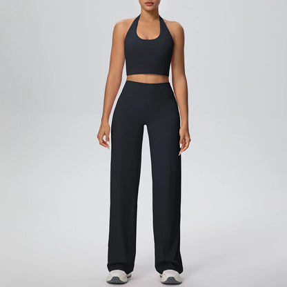Yoga-Set mit rutschfestem Sport-BH und weiten High-Waist-Leggings, schwarz
