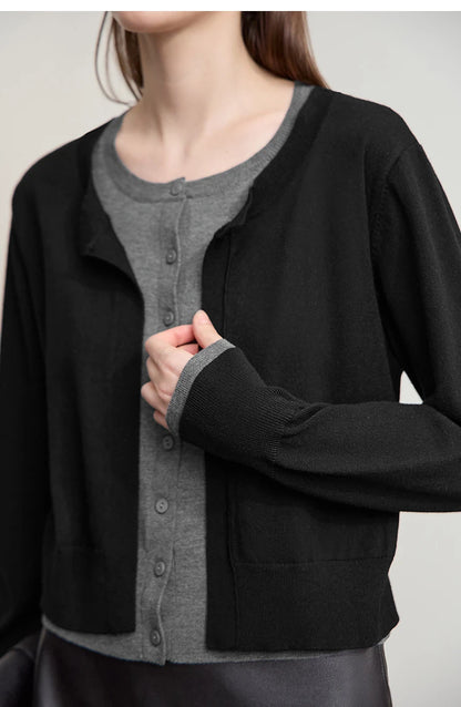 Damen-Strickjacke Patchwork sanft locker Langarm vielseitig Herbst
