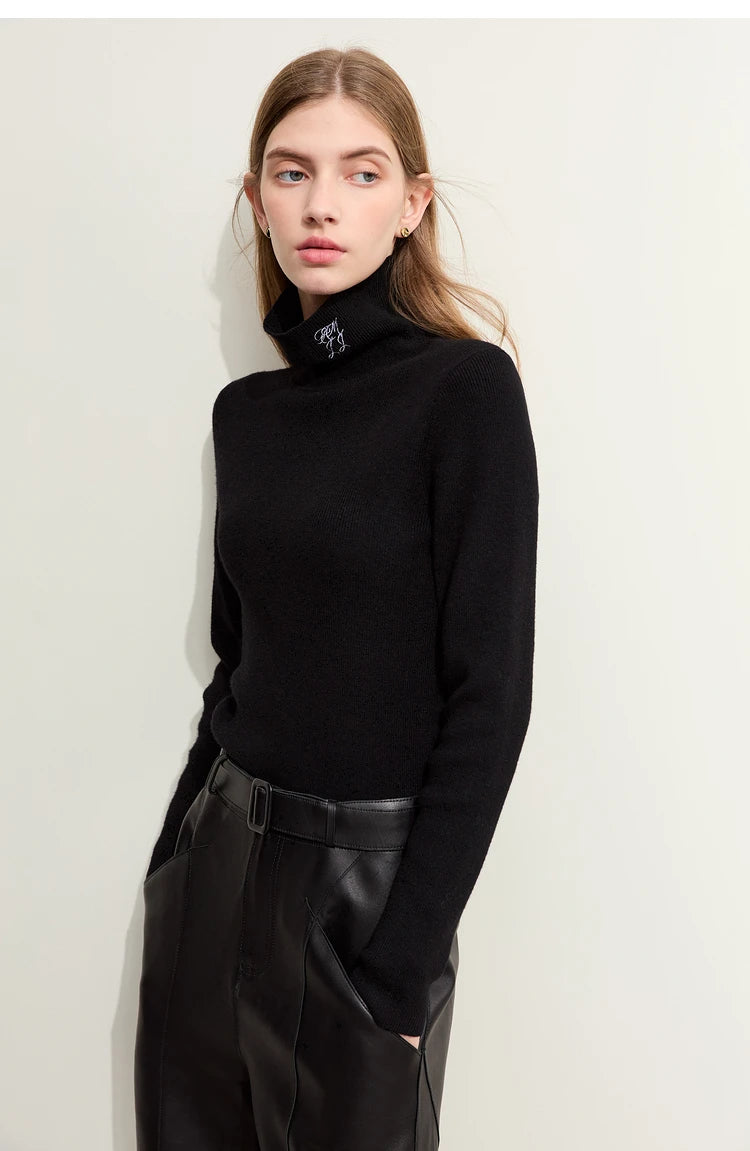 Damen-Rollkragenpullover Kaschmir-Wolle Slim Stickerei Winter