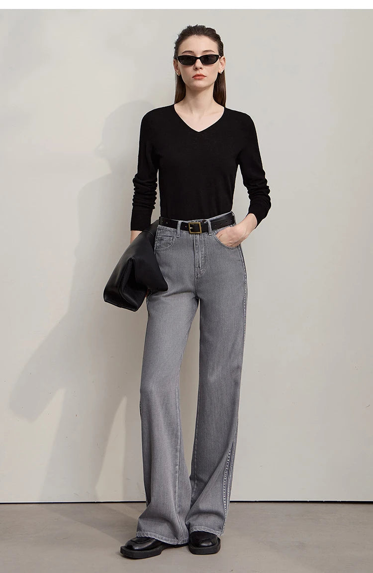 Damen V-Ausschnitt Pullover 100 % Wolle vielseitig Langarm Herbst