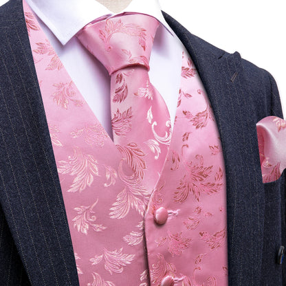 Rosa Satin-Herrenweste mit floraler Stickerei und passender Krawatte, Knöpfe an der Vorderseite