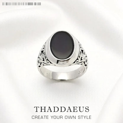 Damen-Ring ovaler Siegel schwarz Vintage aus Sterlingsilber