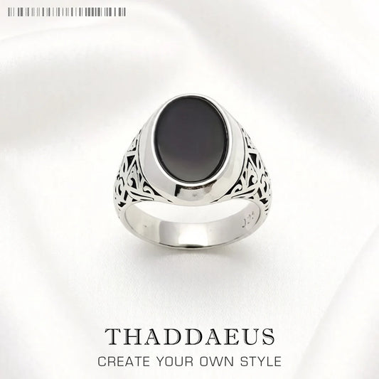 Damen-Ring ovaler Siegel schwarz Vintage aus Sterlingsilber