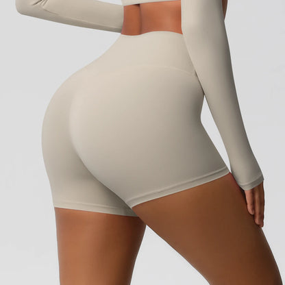 Damen-Sportshorts mit hoher Taille, hellbeige, eng anliegend