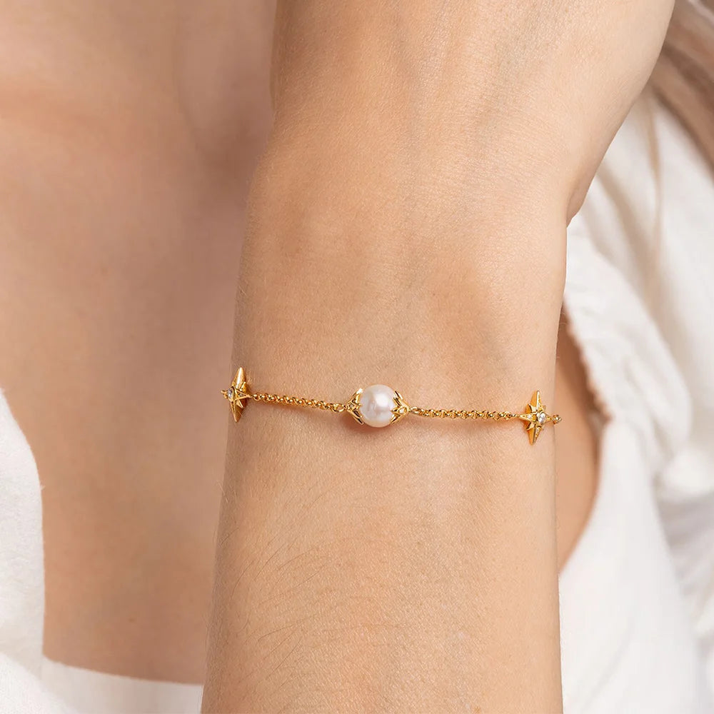 Damen-Armband Perlen Sterne Gold kosmisch aus Sterlingsilber