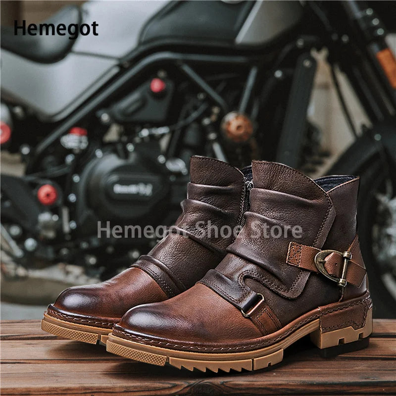 Herren-Motorradstiefel mit Schnallen, braunes Leder, hoher Schaft, gepolsterte Zunge