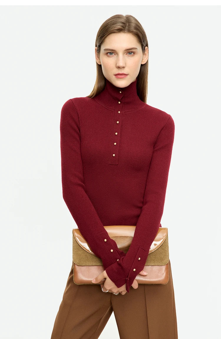 Damen-Strickjacke Rollkragen Knopfleiste Slim halboffene Front Herbst