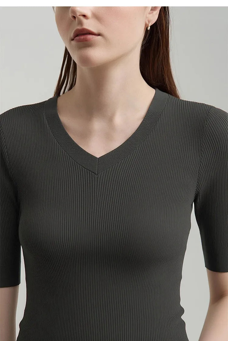 Damen V-Ausschnitt Pullover Viskose Halbarm Slim Büro Sommer