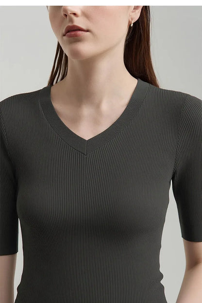 Damen V-Ausschnitt Pullover Viskose Halbarm Slim Büro Sommer