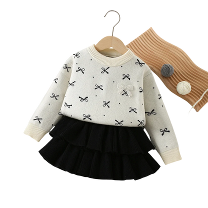 Mädchen Kleidungsset mit Bogen Druck Pullover und Faltenrock im 2-Teile Design